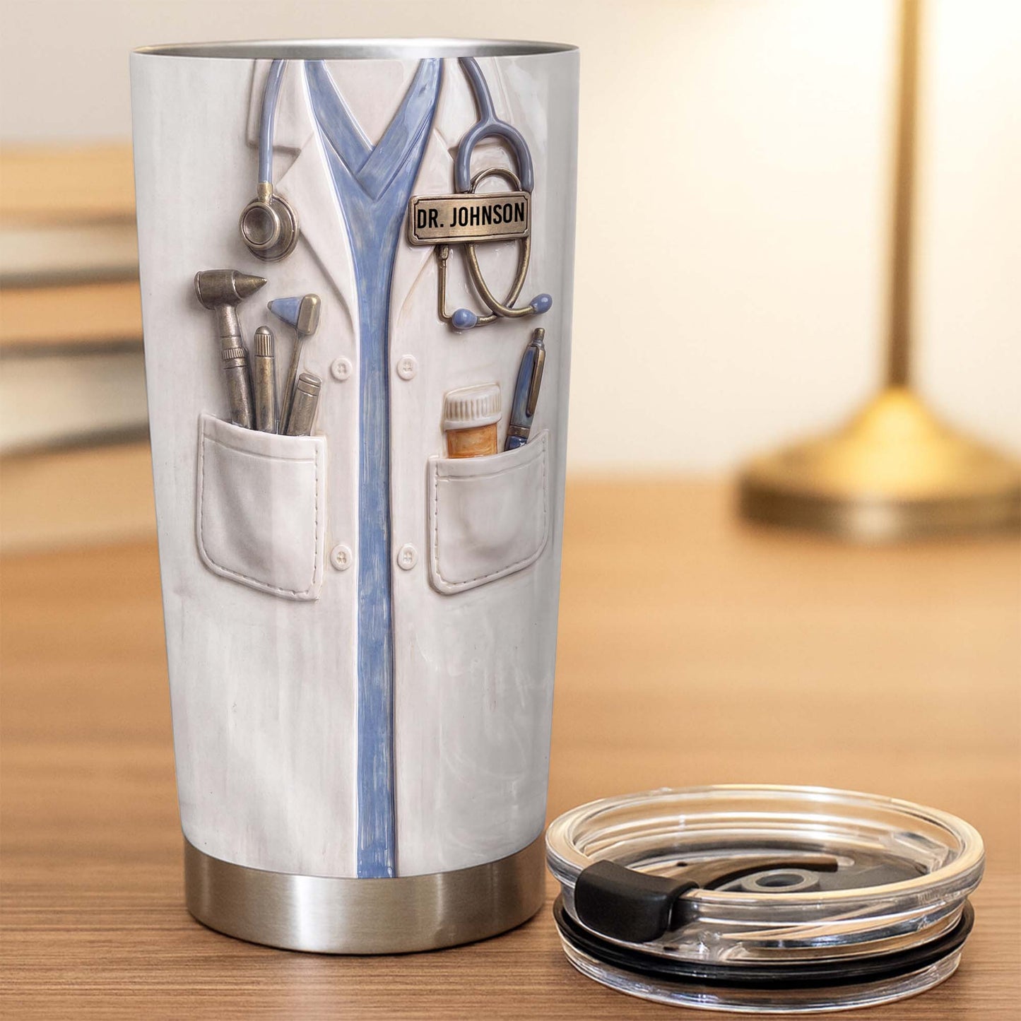 Personalized doctor tumbler featuring 3D style white lab coat stethoscope design with custom name tag for doctors image 8