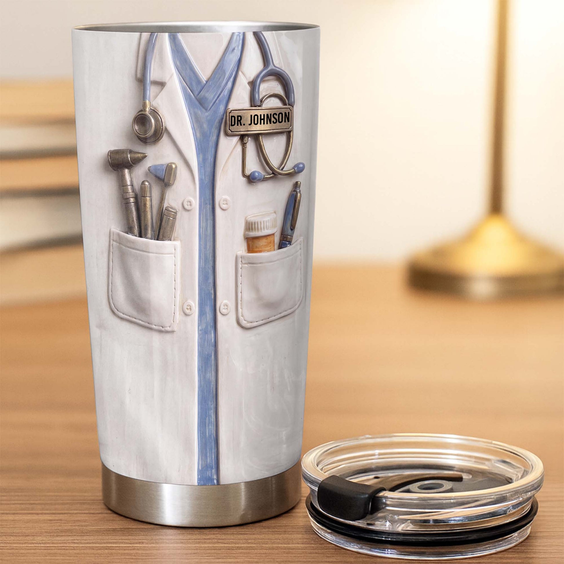 Personalized doctor tumbler featuring 3D style white lab coat stethoscope design with custom name tag for doctors image 8