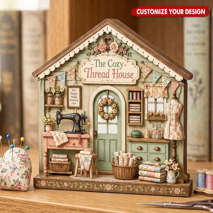 The Cozy Thread House Personalized Wooden Sewing Block - Craft Room Shelf Sitter Gift for Mom