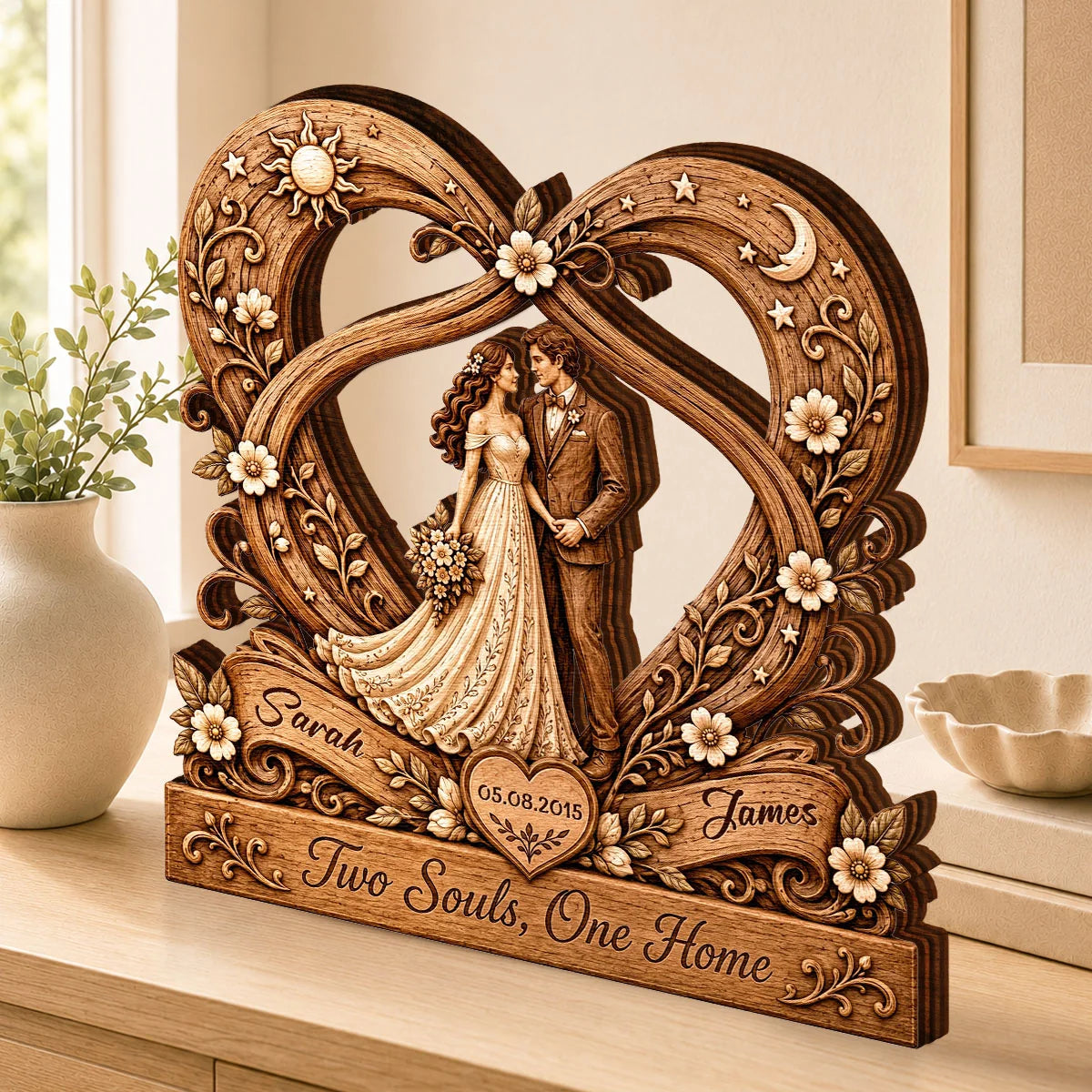 "Two Souls One Home" Personalized Couples Wooden Block - Custom Heart Anniversary Keepsake Gift for Wife Husband