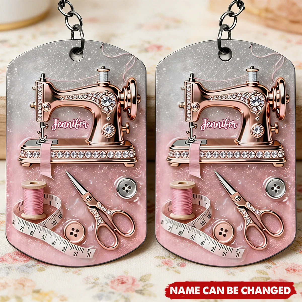 Personalized sewing keychain featuring a vintage rose gold sewing machine and scissors - custom gift for mom