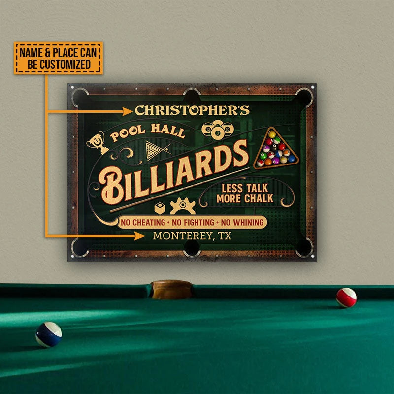 "Less Talk More Chalk" Personalized Billiards Pool Hall Metal Sign - Custom Game Room Decor