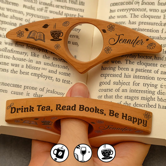 Personalized wooden book page holder engraved with name and Drink Wine Read Books Be Happy quote for readers