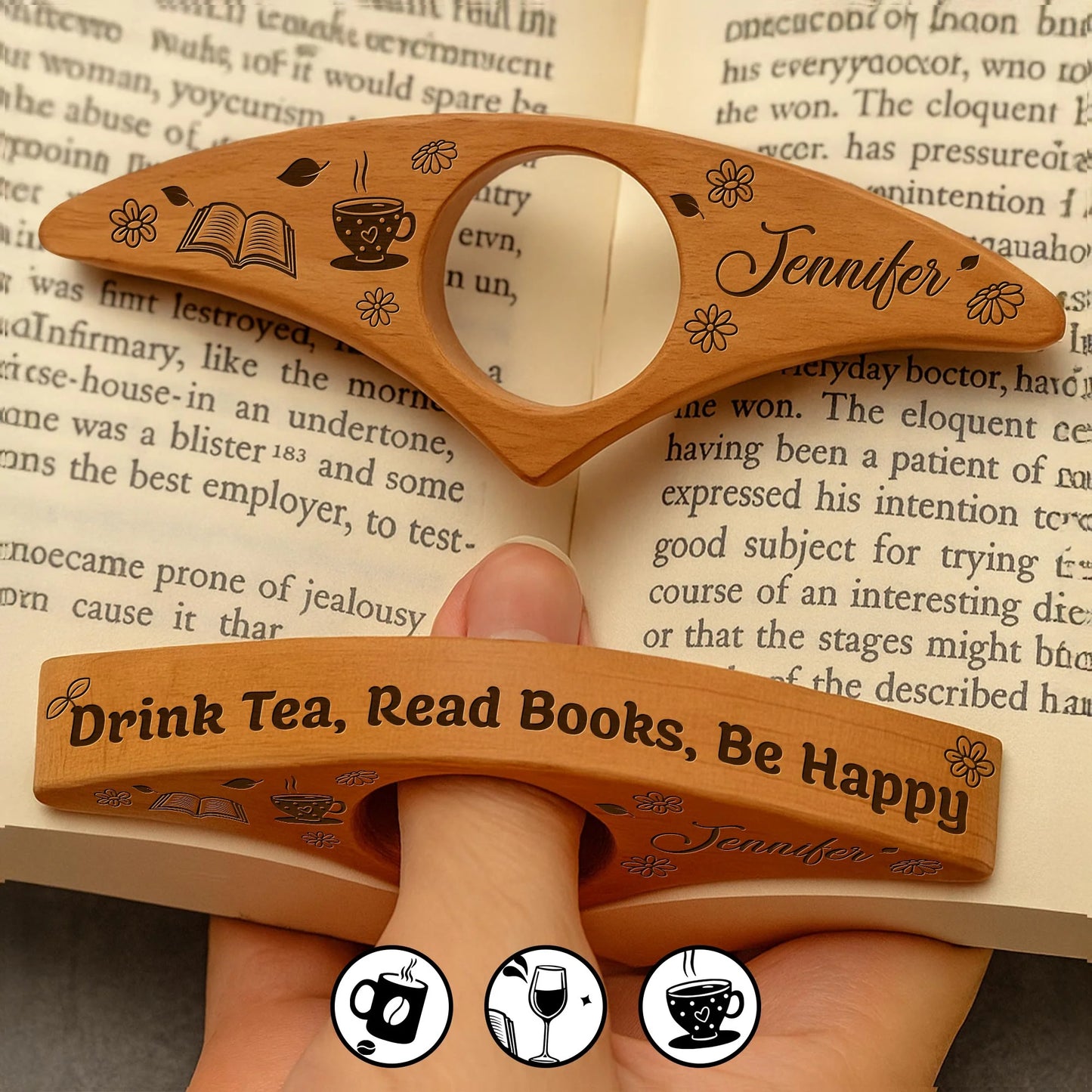 Personalized wooden book page holder engraved with name and Drink Wine Read Books Be Happy quote for readers