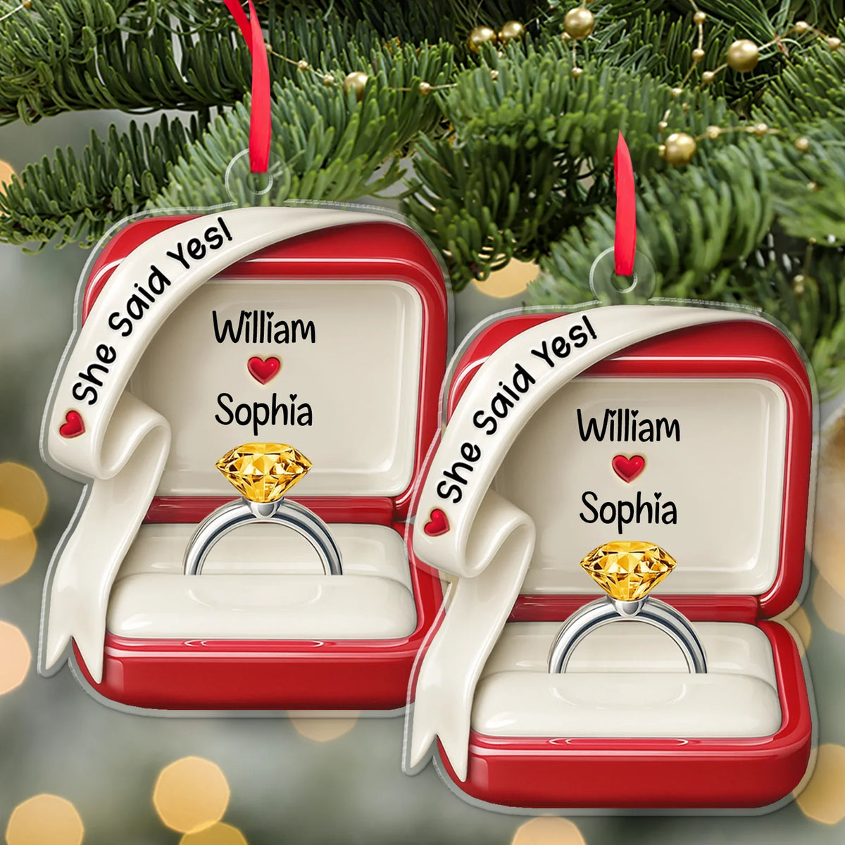 She Said Yes Personalized Engagement Acrylic Ornament - Couples Ring Box Keepsake
