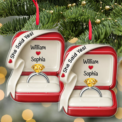 She Said Yes Personalized Engagement Acrylic Ornament - Couples Ring Box Keepsake