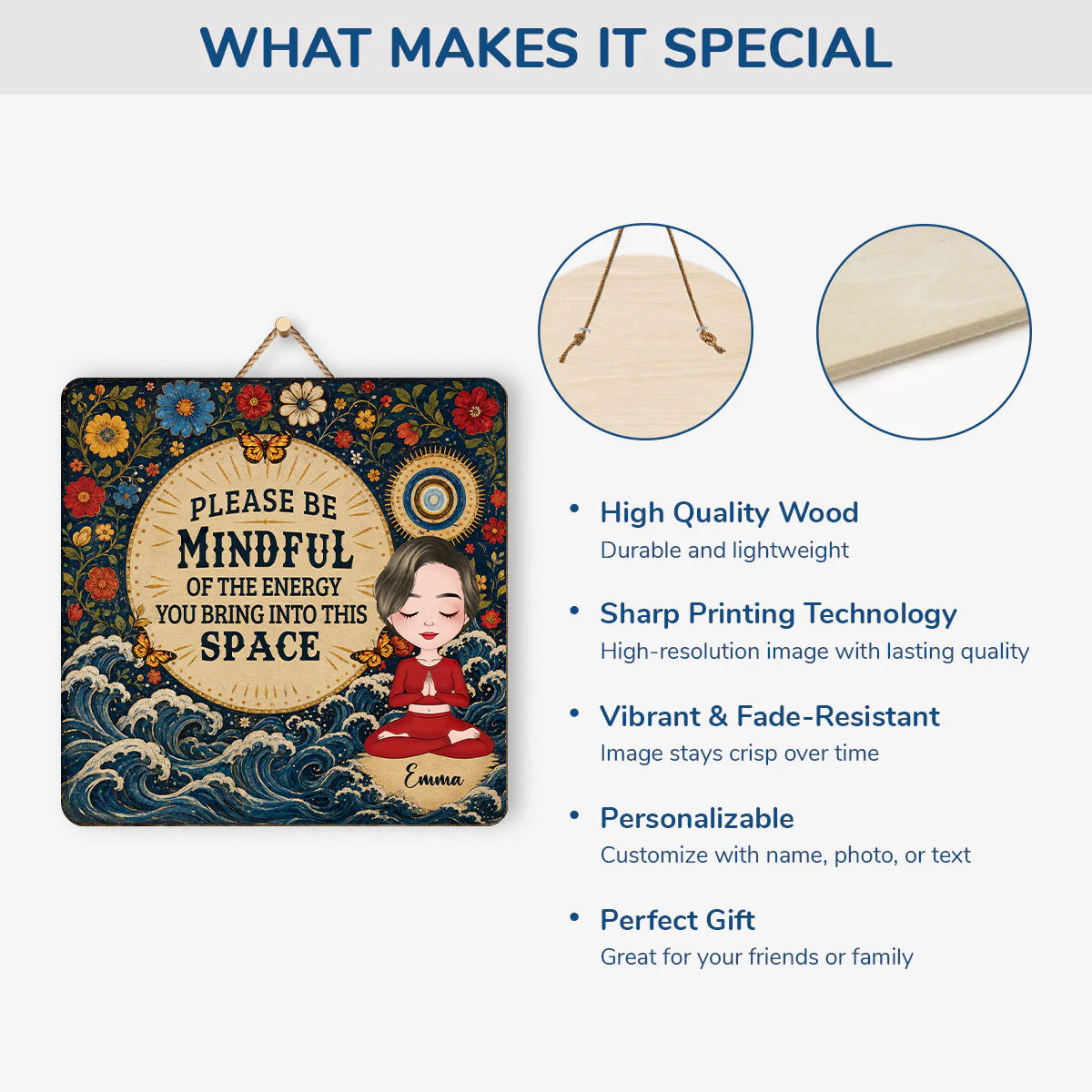 Wood Sign material and size view - Personalized Yoga Wood Sign