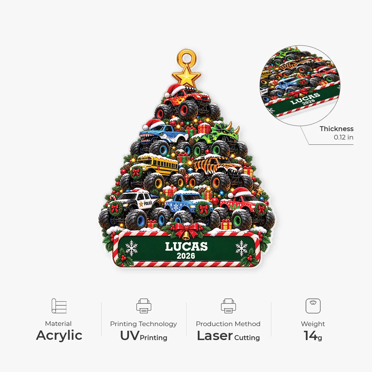 Monster Truck Christmas Tree Personalized Acrylic Ornament - Custom Name Holiday Gift for Kids