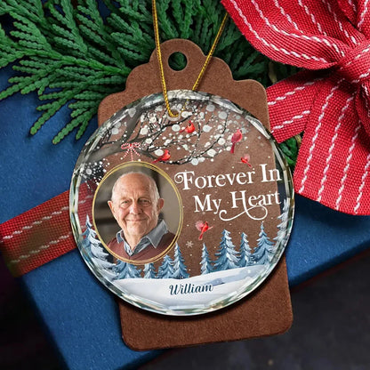 "Forever in My Heart" Custom Photo Cardinal Glass Ornament - Personalized Memorial Christmas Gift