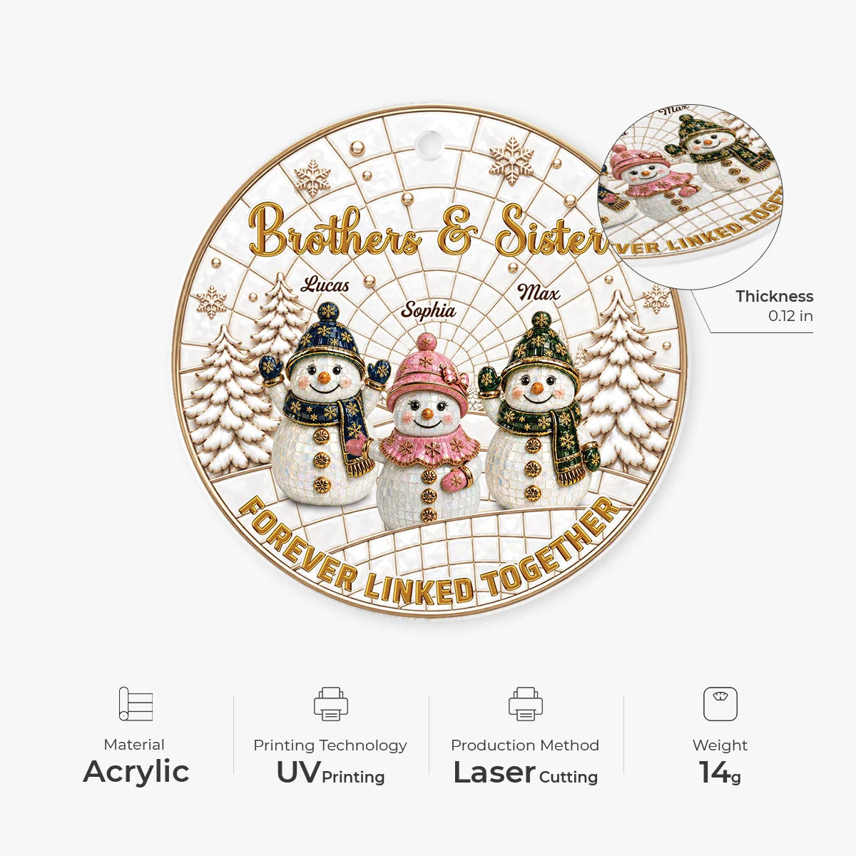 Forever Linked Together Custom Names Snowman Acrylic Ornament - Personalized Siblings Christmas Gift for Brother & Sister