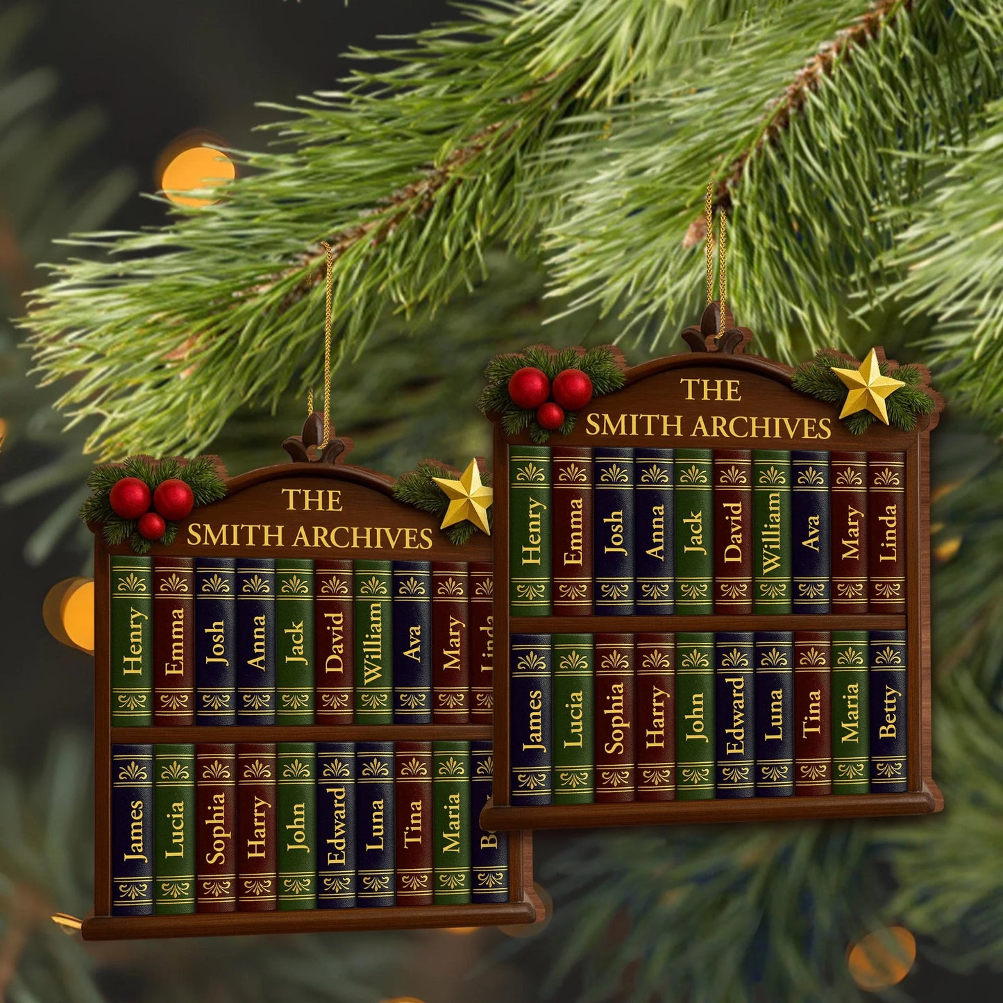 Custom Family Bookshelf Wooden Ornament - Personalized Christmas Decor Gift for Book Lovers
