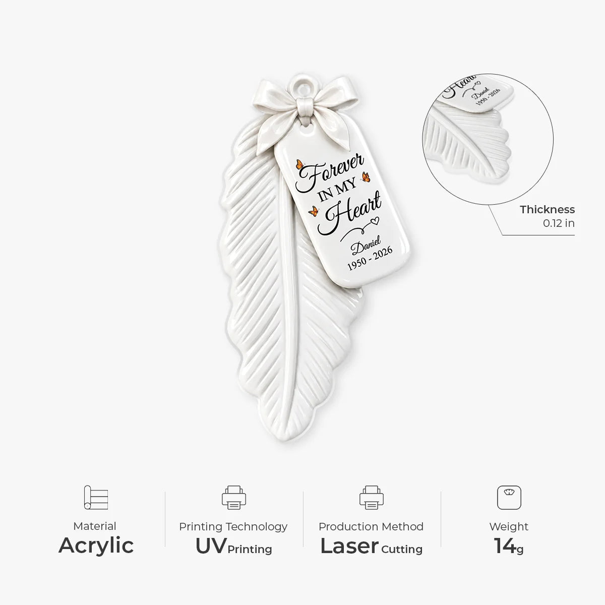 Forever in My Heart Personalized Memorial Feather Ornament - Custom Remembrance Sympathy Gift for Family