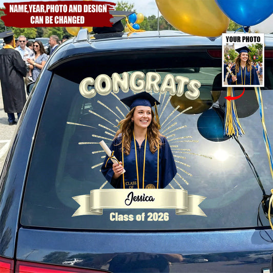 Personalized graduation car decal with custom photo print and celebratory fireworks for car windows