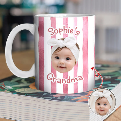 Custom baby face mug with personalized photo and text over a striped pattern backdrop image 6