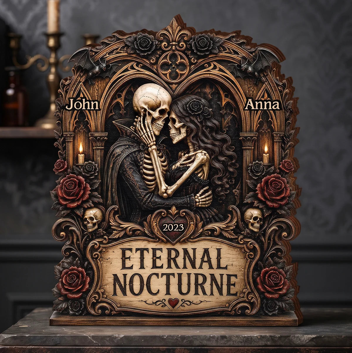 Eternal Nocturne Gothic Skeleton Couple - Personalized Wooden Block Gift