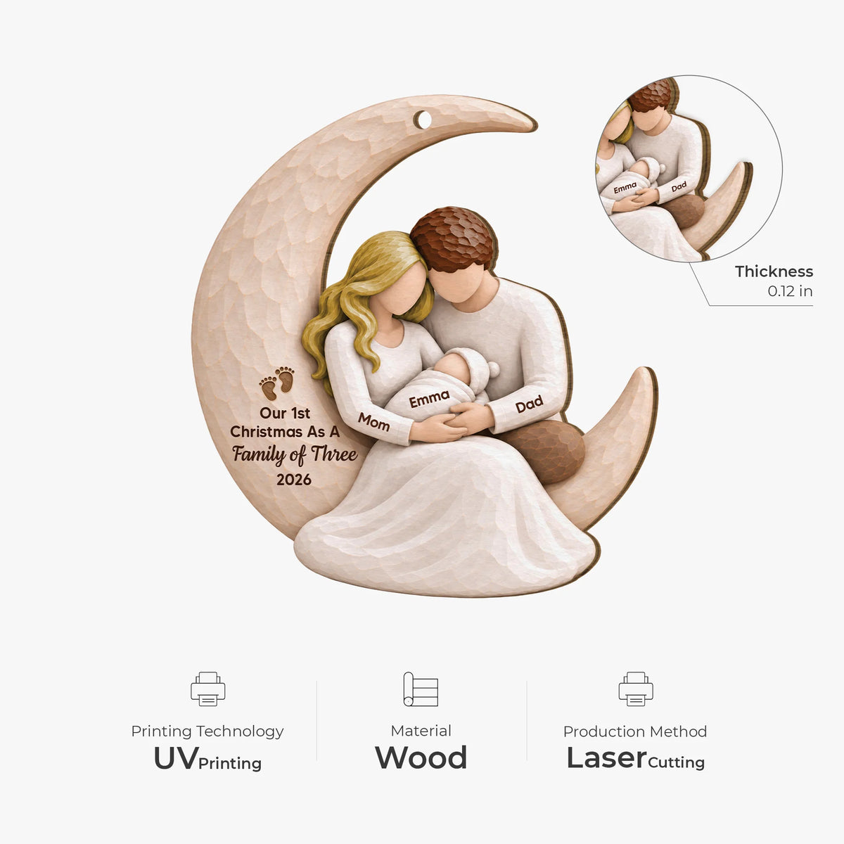 Our 1st Christmas As A Family Moon Personalized Wooden Ornament - New Mom Dad Baby Keepsake Gift