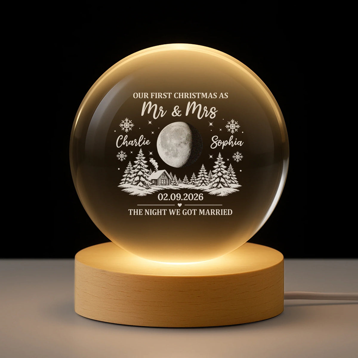 "Our First Christmas as Mr & Mrs" Personalized Crystal Ball Lamp - Custom Wedding Gift for Couples