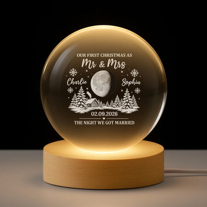 "Our First Christmas as Mr & Mrs" Personalized Crystal Ball Lamp - Custom Wedding Gift for Couples