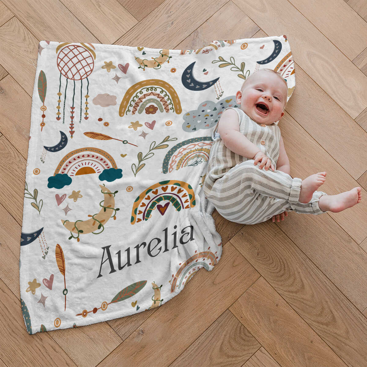 Custom Name Boho Rainbow Baby Blanket – Personalized Nursery Throw Gift for Newborn