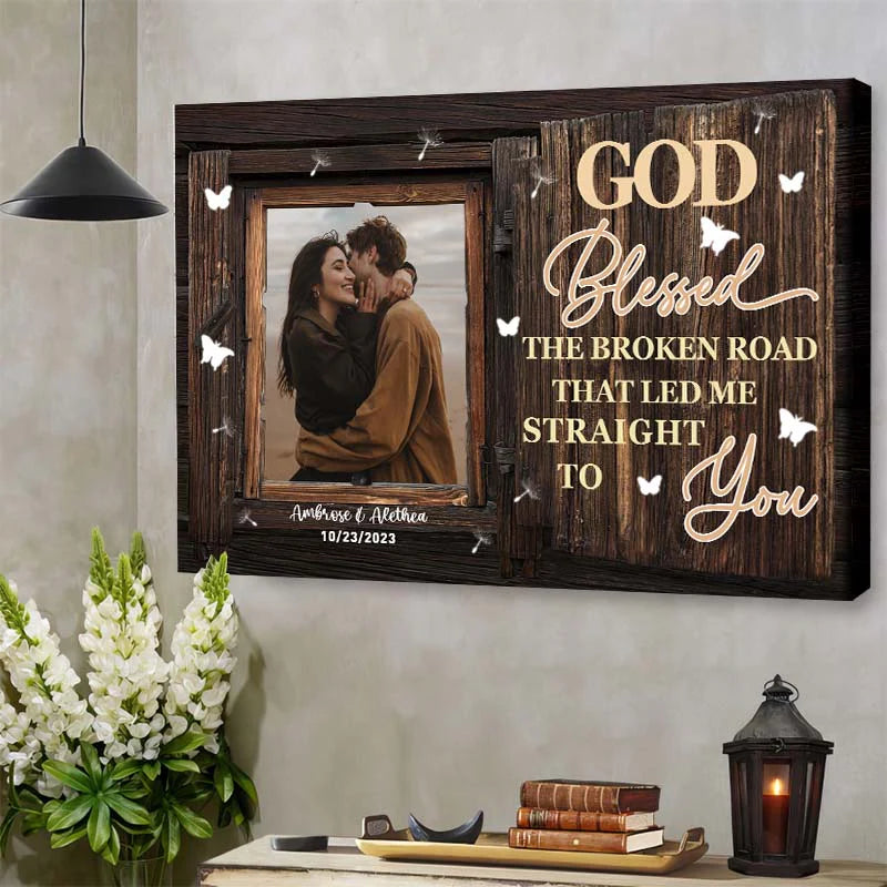 Custom wedding canvas print with couple photo and God Blessed the Broken Road text for anniversary wall art decor image 7