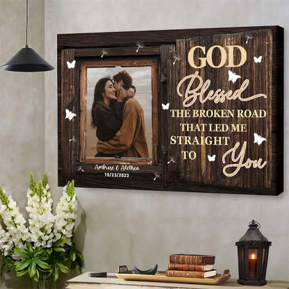 Custom wedding canvas print with couple photo and God Blessed the Broken Road text for anniversary wall art decor image 7