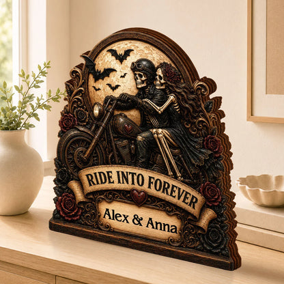 Ride Into Forever Skeleton Biker Couple - Personalized Wooden Block Gift for Husband Wife