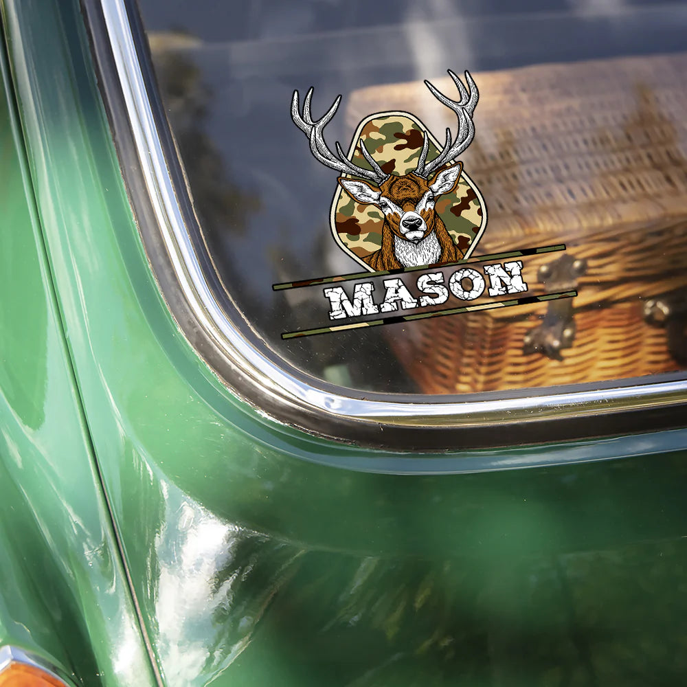 Personalized deer hunting car decal sticker with custom name print and vintage camo design for truck windows image 7