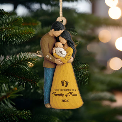 First Christmas as a Family of Three - Personalized Wooden Ornament for New Parents
