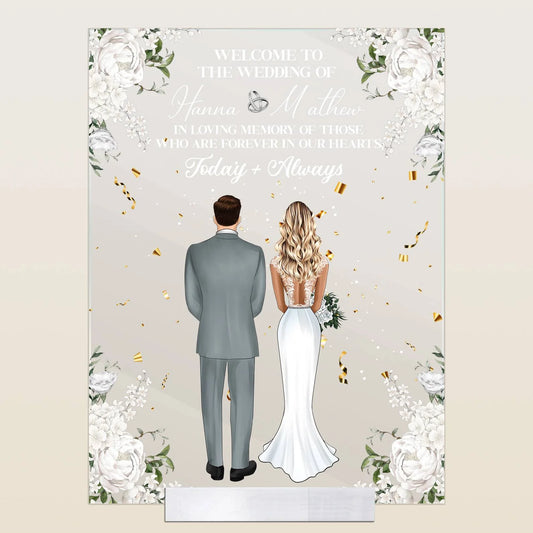 Personalized wedding memorial acrylic plaque featuring custom bride and groom illustration for remembrance