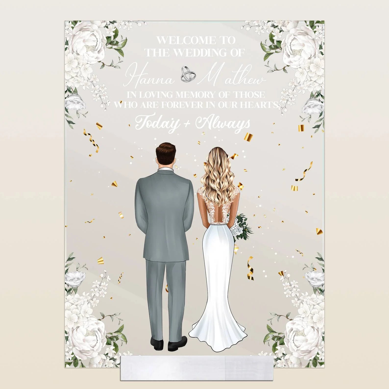 Personalized wedding memorial acrylic plaque featuring custom bride and groom illustration for remembrance