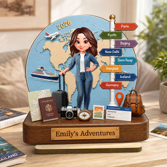 Emily's Adventures Personalized Wooden Plaque - Custom World Traveler Keepsake Gift for Travel Lovers