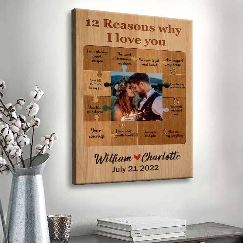 "12 Reasons Why I Love You" Personalized Photo Canvas / Poster - Romantic Anniversary Gift for Couple