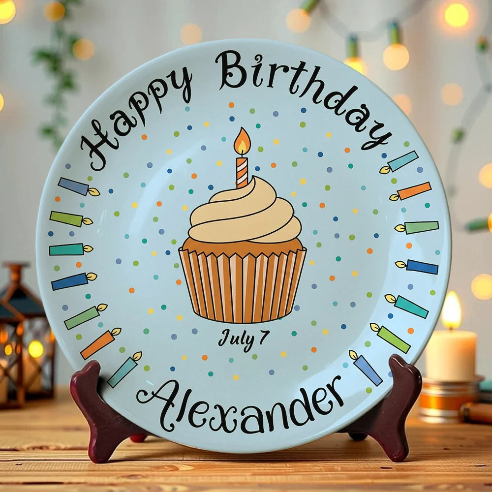 Happy Birthday Cake & Candles Personalized Birthday Ceramic Plate - Custom Name Keepsake Display Gift