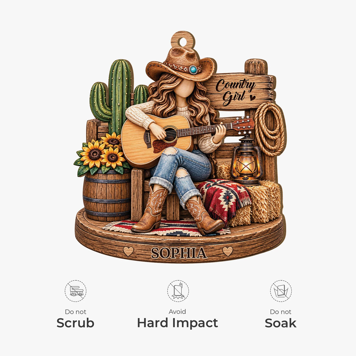 Country Girl Guitarist Personalized Wooden Ornament - Country Music Lovers Keepsake Gift