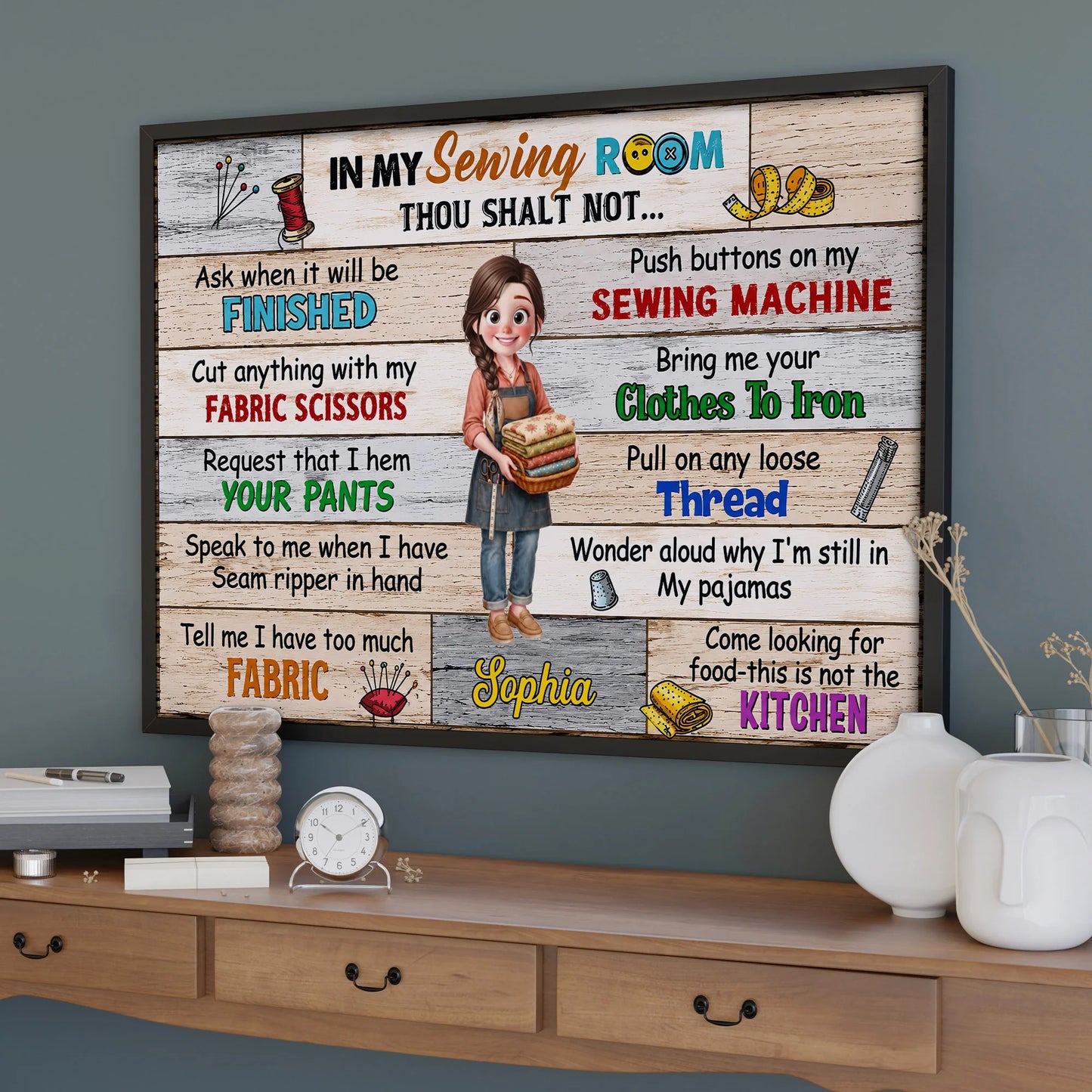 Canvas / Poster material and size view - Personalized Sewing Room Rules Poster