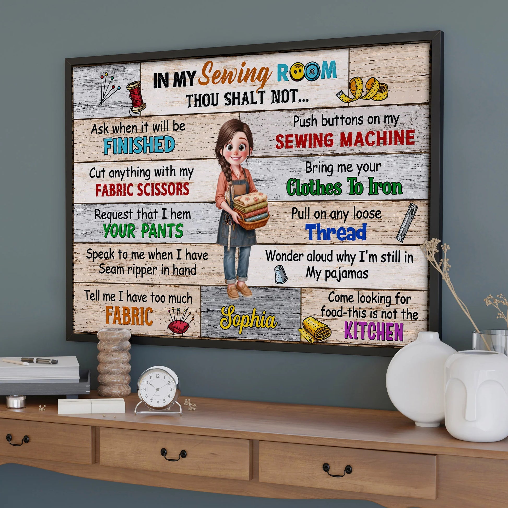 Canvas / Poster material and size view - Personalized Sewing Room Rules Poster