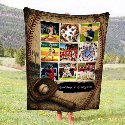 Good Times & Great Games Personalized Baseball Photo Blanket - Custom Gift for Son & Senior Players