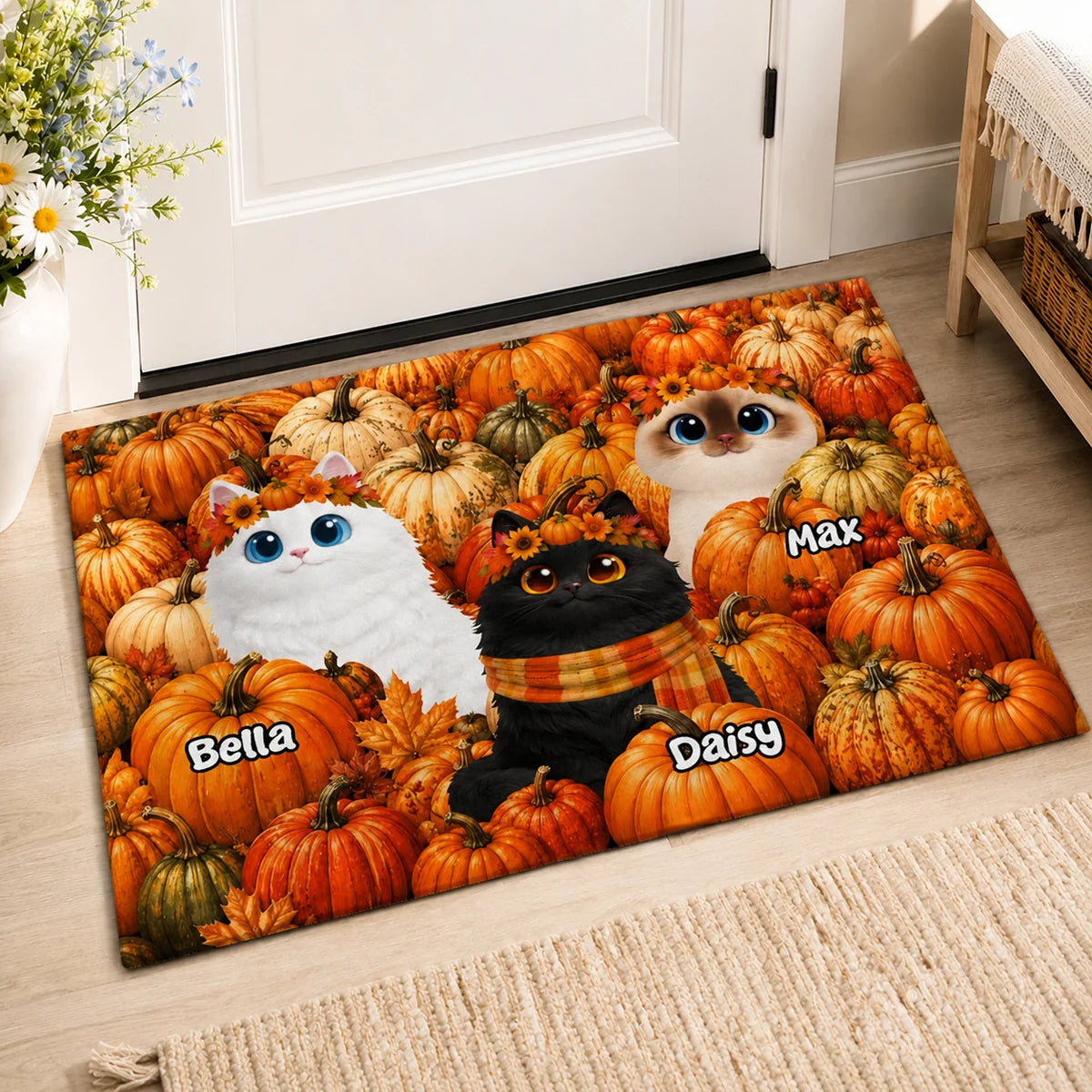 Cute Cats in Pumpkin Patch Personalized Doormat - Custom Fall Decor Gift for Cat Lovers
