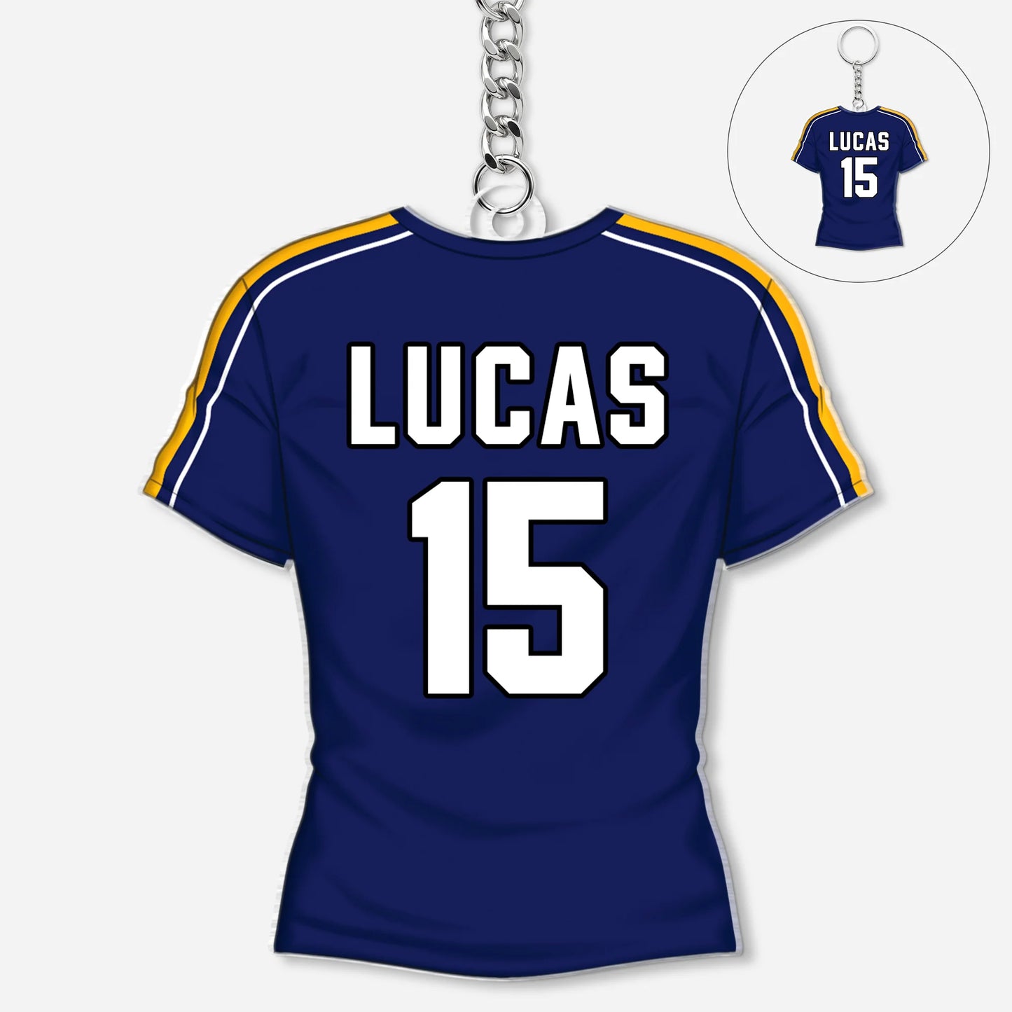 Personalized soccer jersey keychain made of clear acrylic with custom name Lucas and number 15