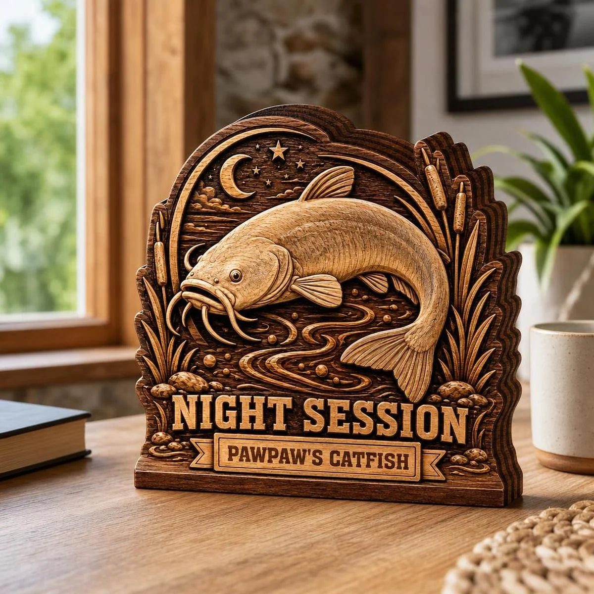 "Night Session" Personalized Catfish Fishing Wooden Block - Custom Gift for Fisherman