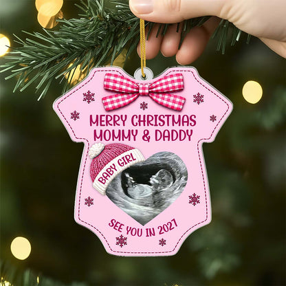 "Merry Christmas Mommy & Daddy" Ultrasound Acrylic Ornament - Custom Baby Sonogram Keepsake