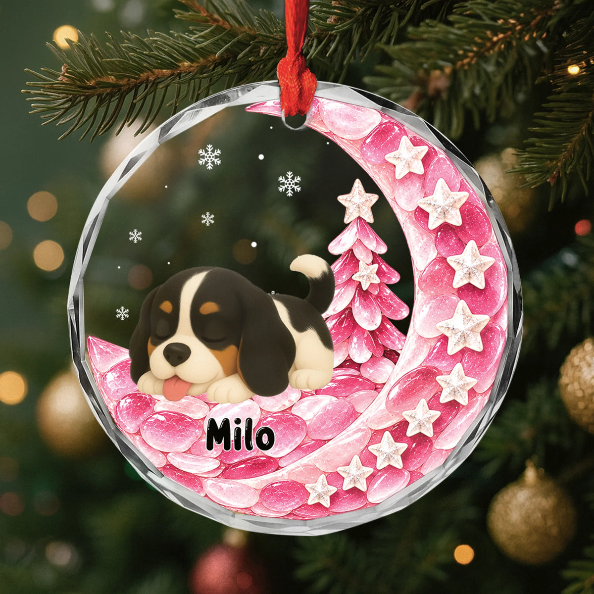 Sleeping Dog Moon Glass Ornament - Personalized Pet Name Christmas Keepsake Gift