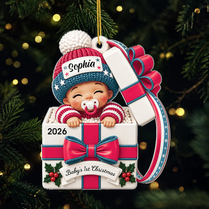 Baby's 1st Christmas Custom Gift Box Acrylic Ornament - Personalized Newborn Keepsake