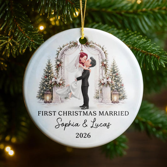 First Christmas Married Personalized Ceramic Ornament - Keepsake for Newlywed Couples