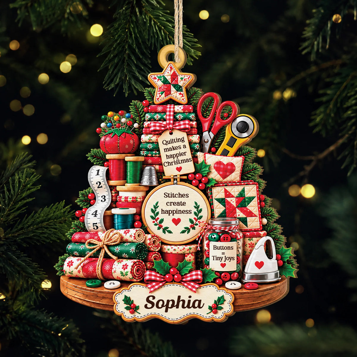 Stitches Create Happiness Personalized Sewing Christmas Ornament - Custom Wooden Quilter Keepsake Gift for Mom