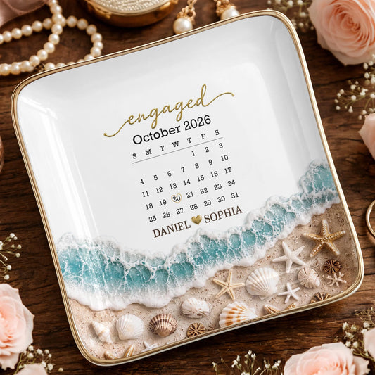 Custom Engaged Calendar Ring Dish for Couples with personalized design details for meaningful gifting