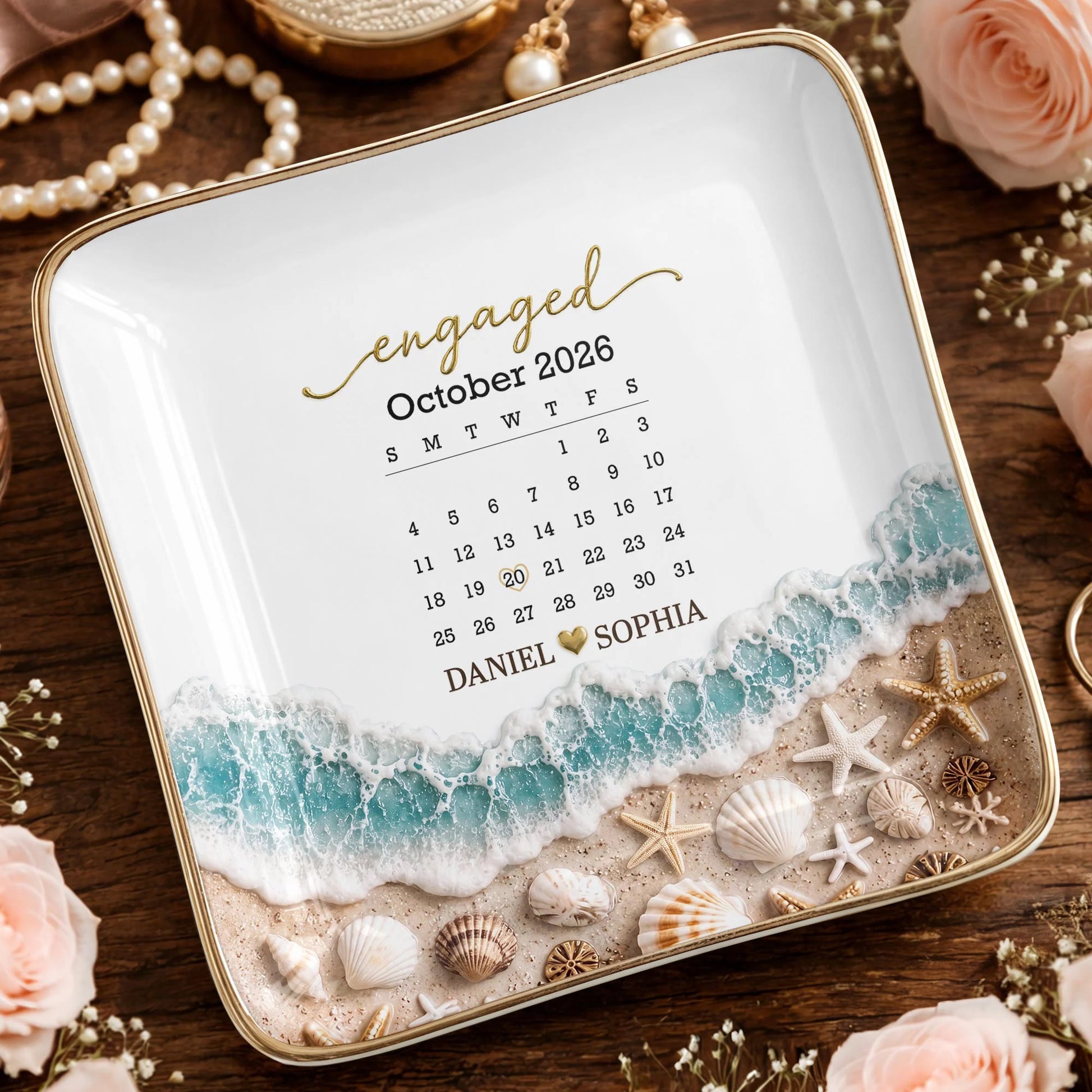 Custom Engaged Calendar Ring Dish for Couples with personalized design details for meaningful gifting
