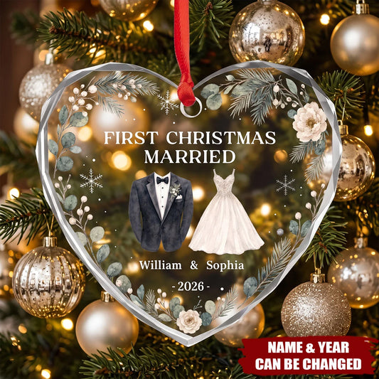 First Christmas Married Glass Ornament - Personalized Couple Keepsake Gift