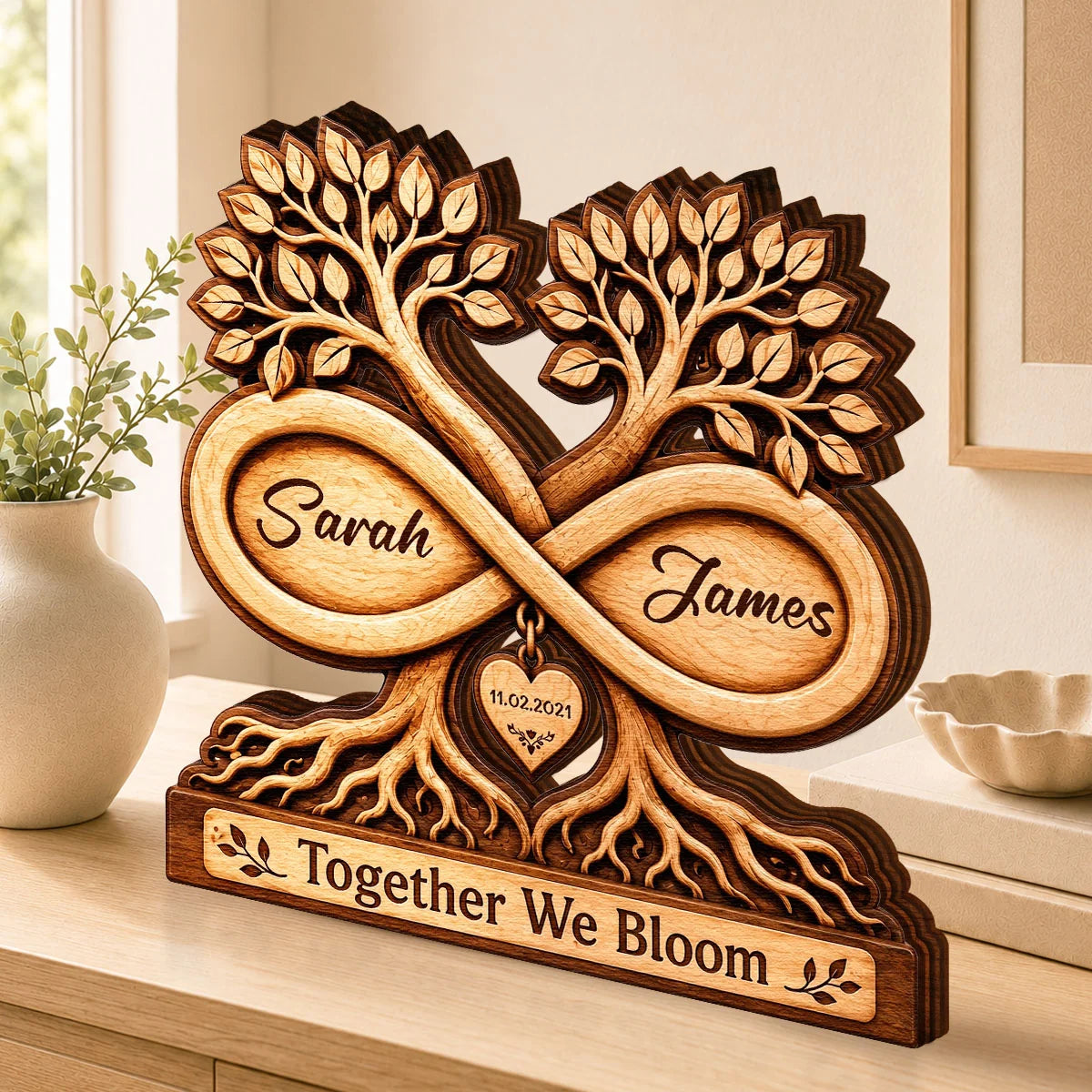 Together We Bloom Infinity Tree Personalized Wooden Block - Custom Anniversary & Wedding Keepsake Gift for Couples
