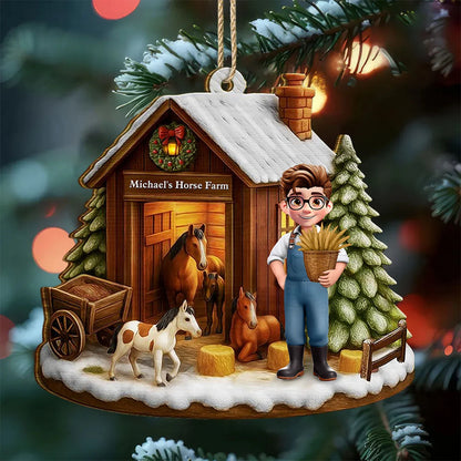 Horse Farm Personalized Wooden Ornament - Custom Winter Barn Keepsake Gift for Equestrians